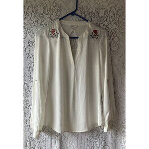Candie's Sheer Off White Embroidered‎ Applique Flowers Keyhole Roll Tab Sleeves
